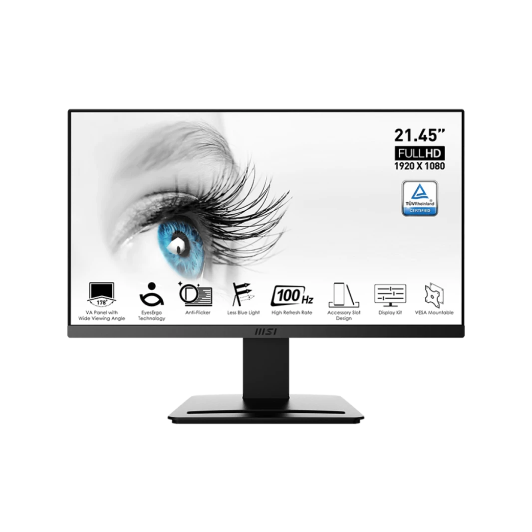 Monitor MSI PRO MP223 22 Inch VA 1920 x 1080 (FHD) ، التردد 100Hz HDMI & D-SUB VGA Anti-Flicker Technology Vesa Mountable Black /2 Year