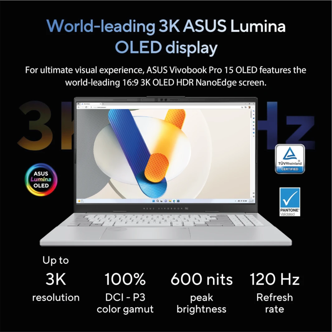 Asus Vivobook Pro 15 OLED (2024) ، AI Ready ، 15.6 "3K 120Hz OLED CAPTOP ، Intel Core Ultra 7 155H ، NVIDIA GEFORCE RTX ™ 4050 ، 1TB SSD ، Cool Silver