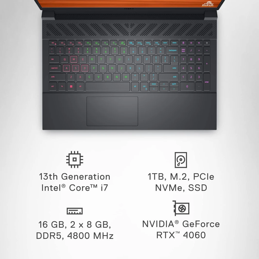 Dell G15 5530 Intel® 13th Gen Core I7-13650Hx ، 16GB DDR5 ، 1TB NVME® SSD ، NVIDIA® GEFORCE RTX 4060 8GB GDDR6 ، 15.6 بوصة شاشة IPS 1920 X 1080 (FHD) 120Hz ، Windows 11 Pro -