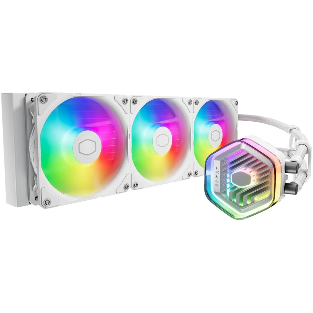 Cooler Master MASTERLIQUID 360 ATMOS (White) ARGB High- Preformance AIO CPU Liquid Cooler, Next Gen Dual Chamber Pump Design, Customizable 3D-Printed Creations Capability, Pre-Installed Sickleflow Edg