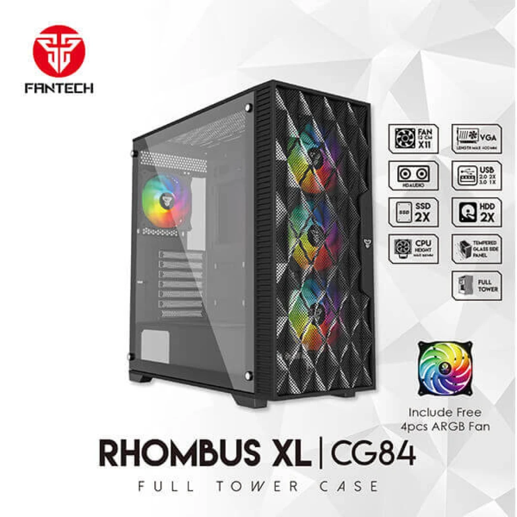 Fantech Rhombus XL-CG84 (Black) ARGB ATX Full Tower Tempered Glass Gaming Case w/ Front Mesh Design For Optimal Performance & 4X 120mm ARGB Fans
