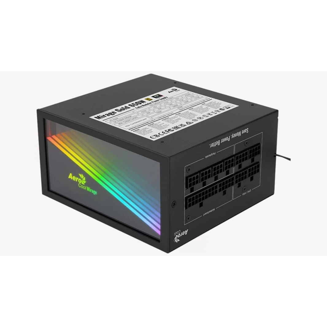 Aerocool Mirage Gold 650W (ArgB) 80 Plus Gold Modular بالكامل تصل إلى 90 ٪+ كفاءة ، مزود طاقة أنيق عالي الأداء مع تصميم مرآة Infinity