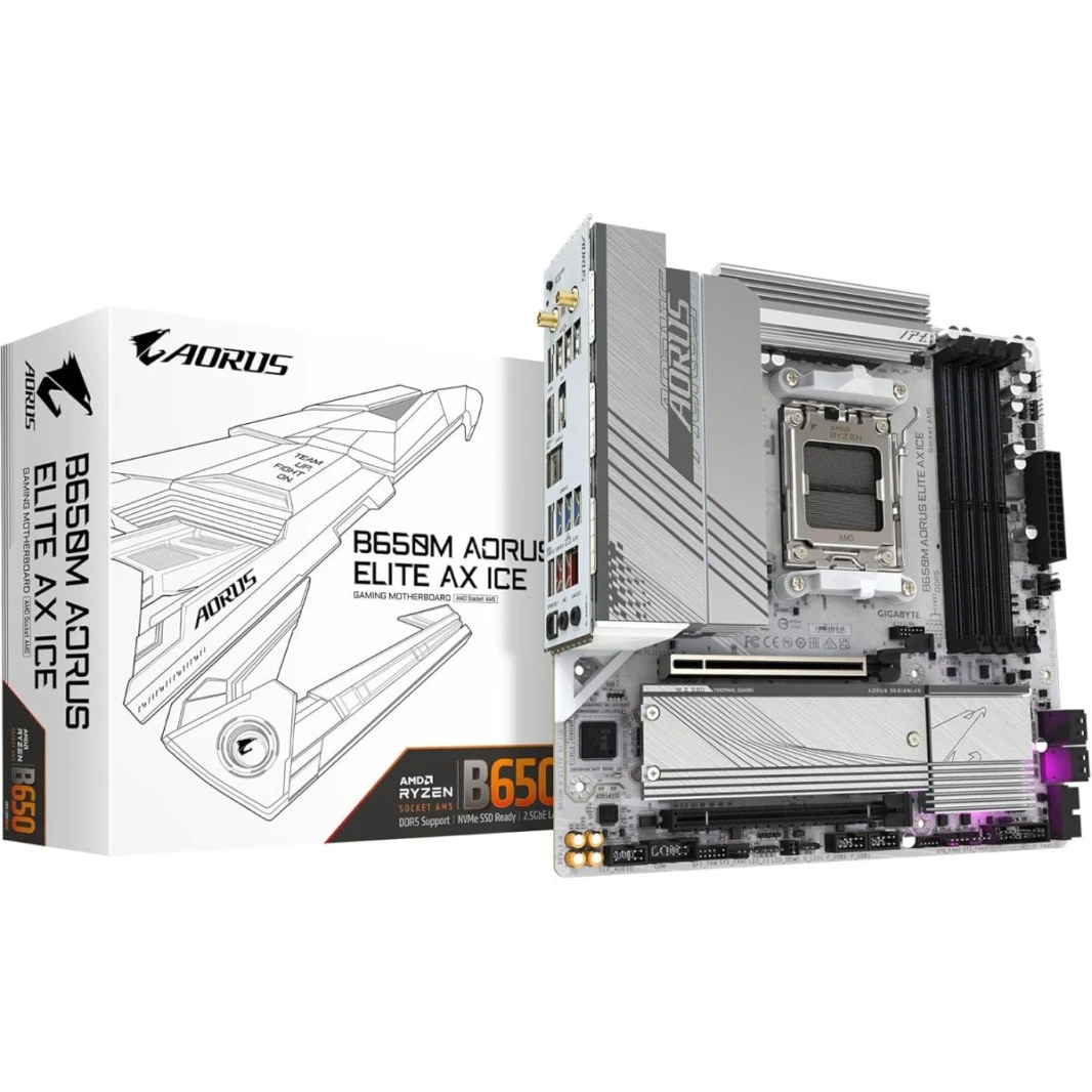 Gigabyte B650M Aorus Elite AX ICE (Wi -Fi 6E) AMD Ryzen 7000 Series AM5/DDR5/PCIE 4.0/2XM.2 - Matx Gaming Mother