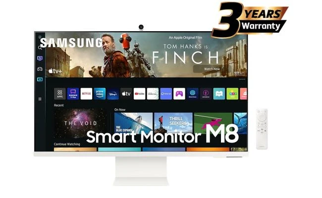 Samsung M8 (DM801) Smart 32 "4K UHD ، Tizen ™ OS Flat Business Monitor ، VA ، 60Hz ، 4MS (GTG) ، HDR10+، 99 ٪ SRGB ، USB Type -C W/ CAM ، مكبرات الصوت ، التحكم عن بُعد ومحطة البيئة - وايت