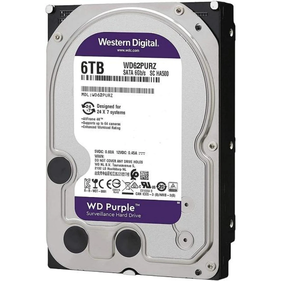 Western Digital Purple HDD Desktop Storage 6TB Surveillance 5400RPM SATA 6 Gb/s, 64 MB Cache - 3.5 Hard Drive