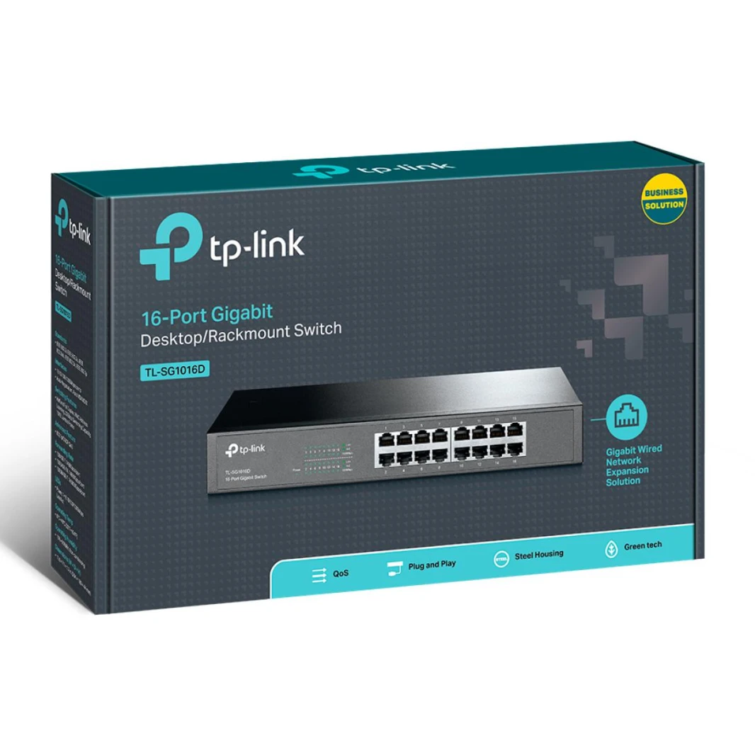 TP-Link TL-SG1016D 16-Port Gigabit 10/100/1000Mbps RJ45 Ports Plug & play design Fanless Desktop/Rackmount Switch