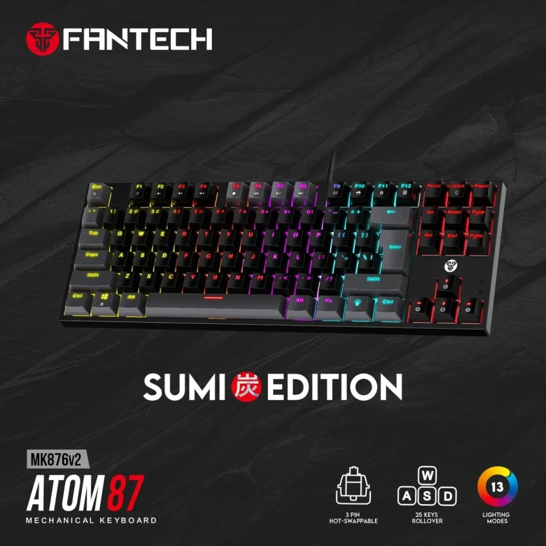 Fantech MK876 V2 Atom87 (TKL 75% Size) RGB Wired 2 Colors Combination Mechanical Gaming Keyboard Sumi Edition, 3 Pin Hot-Swappable Switches, 25 Anti-Ghosting Keys - Black/Red Switch