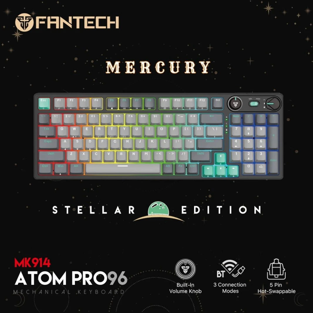 Fantech Atom Pro96 Mk914 TRI-Mode Connection (Wireless 2.4GHz, BT 5.0, Wired) 83 Keys (Full Size) RGB 3 Colors Combination Mechanical Gaming Keyboard, Anti-Ghosting Full Keys, Volume Knob - Stellar Ed