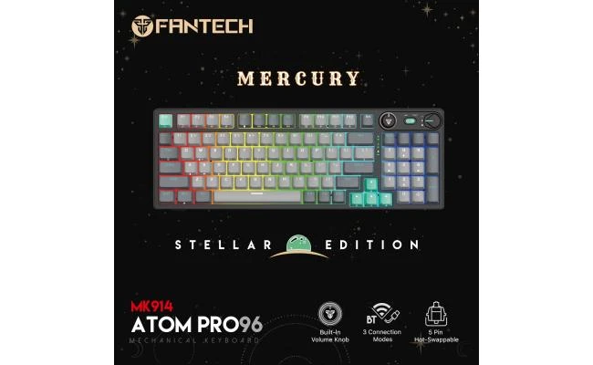 Fantech Atom Pro96 Mk914 TRI-Mode Connection (Wireless 2.4GHz, BT 5.0, Wired) 83 Keys (Full Size) RGB 3 Colors Combination Mechanical Gaming Keyboard, Anti-Ghosting Full Keys, Volume Knob - Stellar Ed
