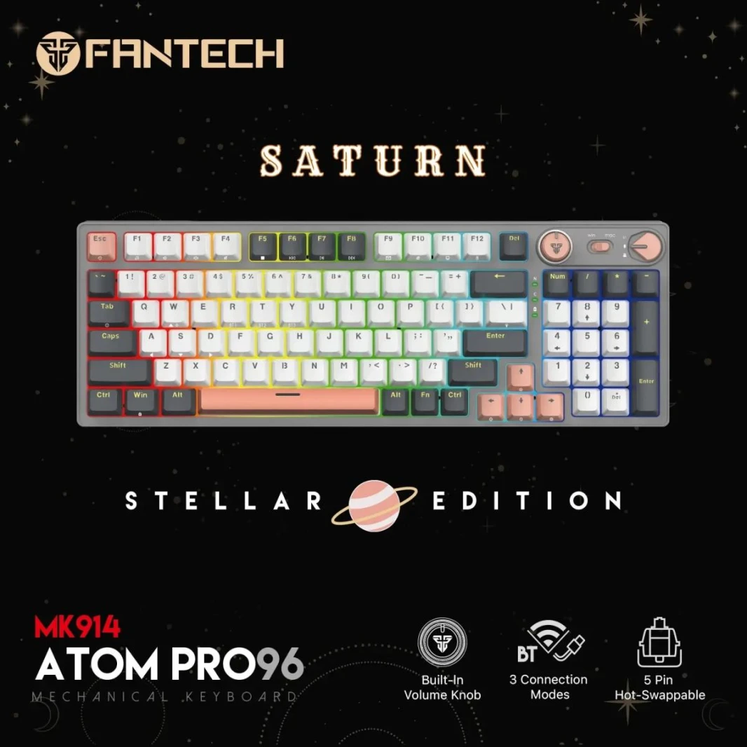 Fantech Atom Pro96 Mk914 TRI-Mode Connection (Wireless 2.4GHz, BT 5.0, Wired) 83 Keys (Full Size) RGB 3 Colors Combination Mechanical Gaming Keyboard, Anti-Ghosting Full Keys, Volume Knob - Stellar Ed