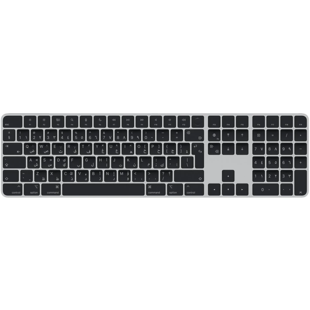 Apple Wireless Magic Keyboard With Touch ID & Numeric Keypad For Mac Models With Apple Silicon - Arabic, Slim Design, Bluetooth, Lightning Port (USB-C To Lightning) - Silver With Black Keys