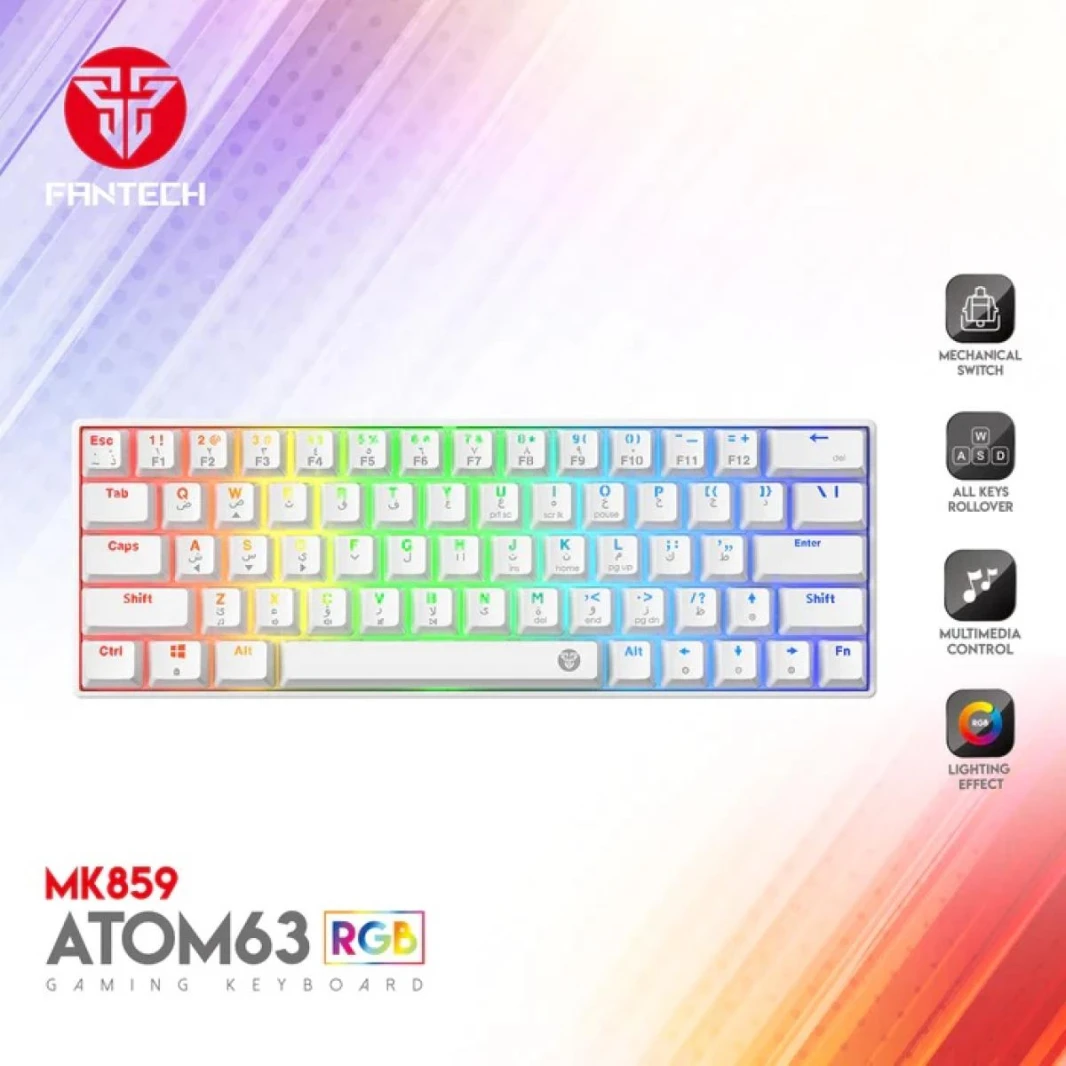 FANTECH ATOM63 MK859 WIRED RGB 60% Modular Mechanical Gaming Keyboard, Detachable Type-C, Blue Switch-White(عربي)
