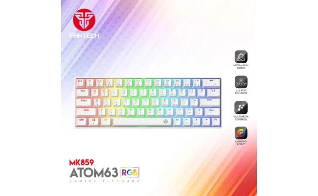 FANTECH ATOM63 MK859 WIRED RGB 60% Modular Mechanical Gaming Keyboard, Detachable Type-C, Blue Switch-White(عربي)