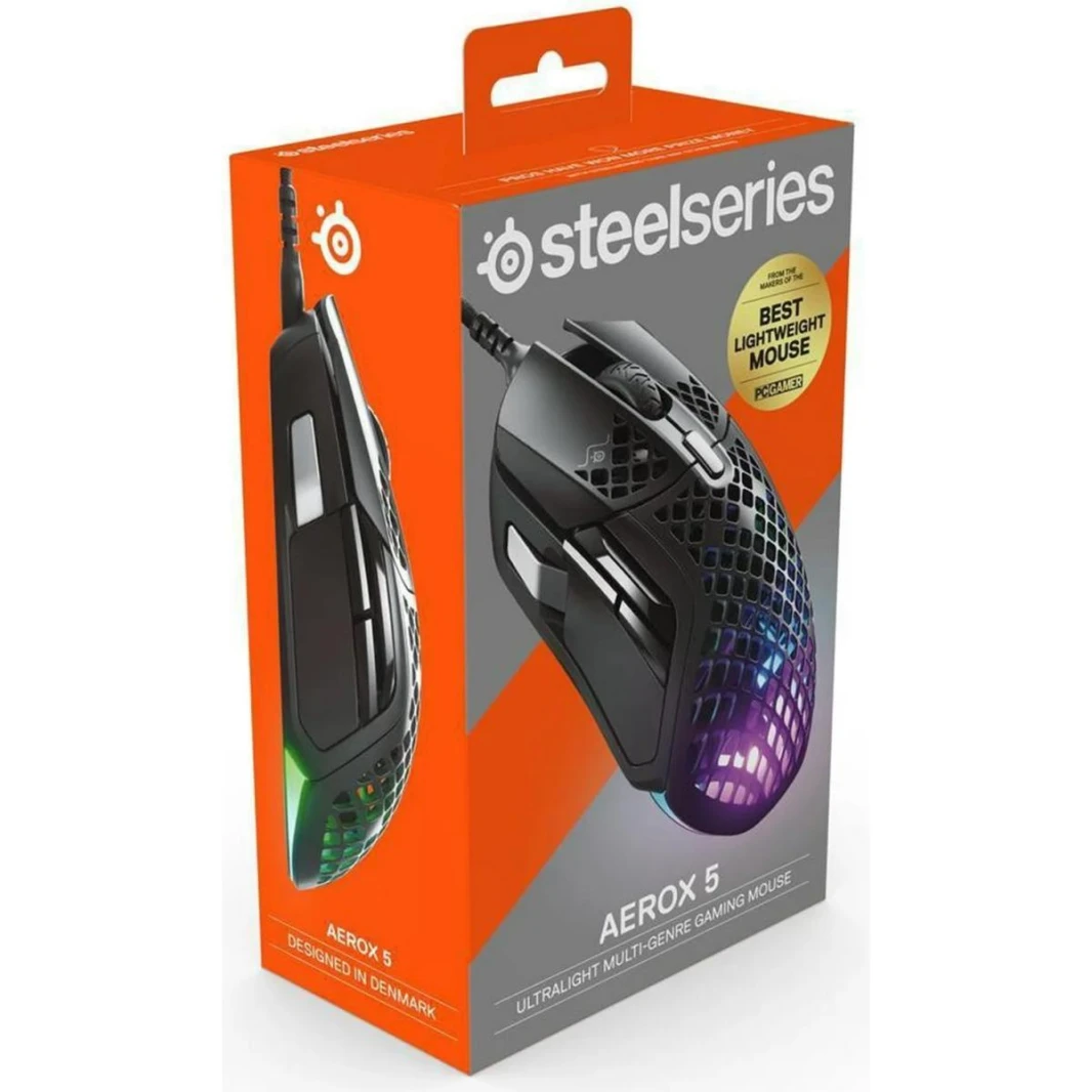 SteelSeries Aerox 5 Holey RGB TrueMove Air Optical Sensor Wired Gaming Mouse,18000 DPI , Ultra-lightweight, Water Resistant Design