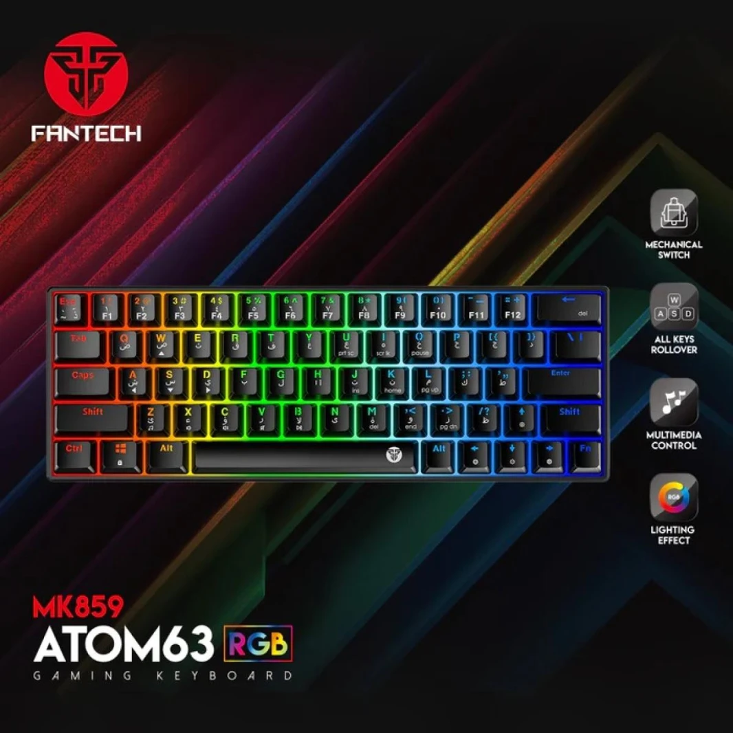 FANTECH ATOM63 MK859 WIRED RGB 60% Modular Mechanical Gaming Keyboard, Detachable Type-C, Blue Switch-Black (عربي)