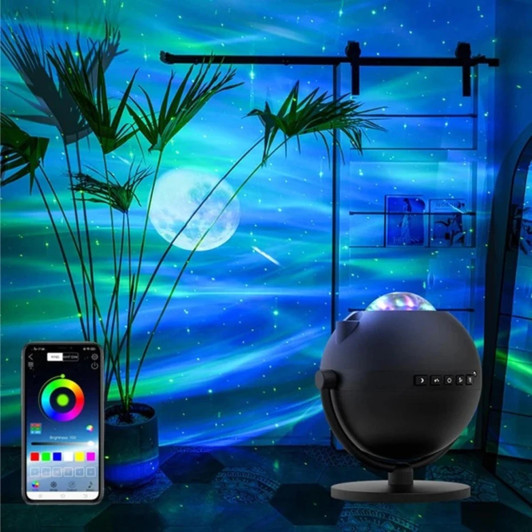 Smart Aurora Star Projector Lamp for Bedroom & Home Decor (Black), Sky Ocean Wave Colorful Night Lights w/ Multi Aurora Patterns & Modes, Galaxy Stars & Moon w/ Bluetooth Speaker, Remote Control & App