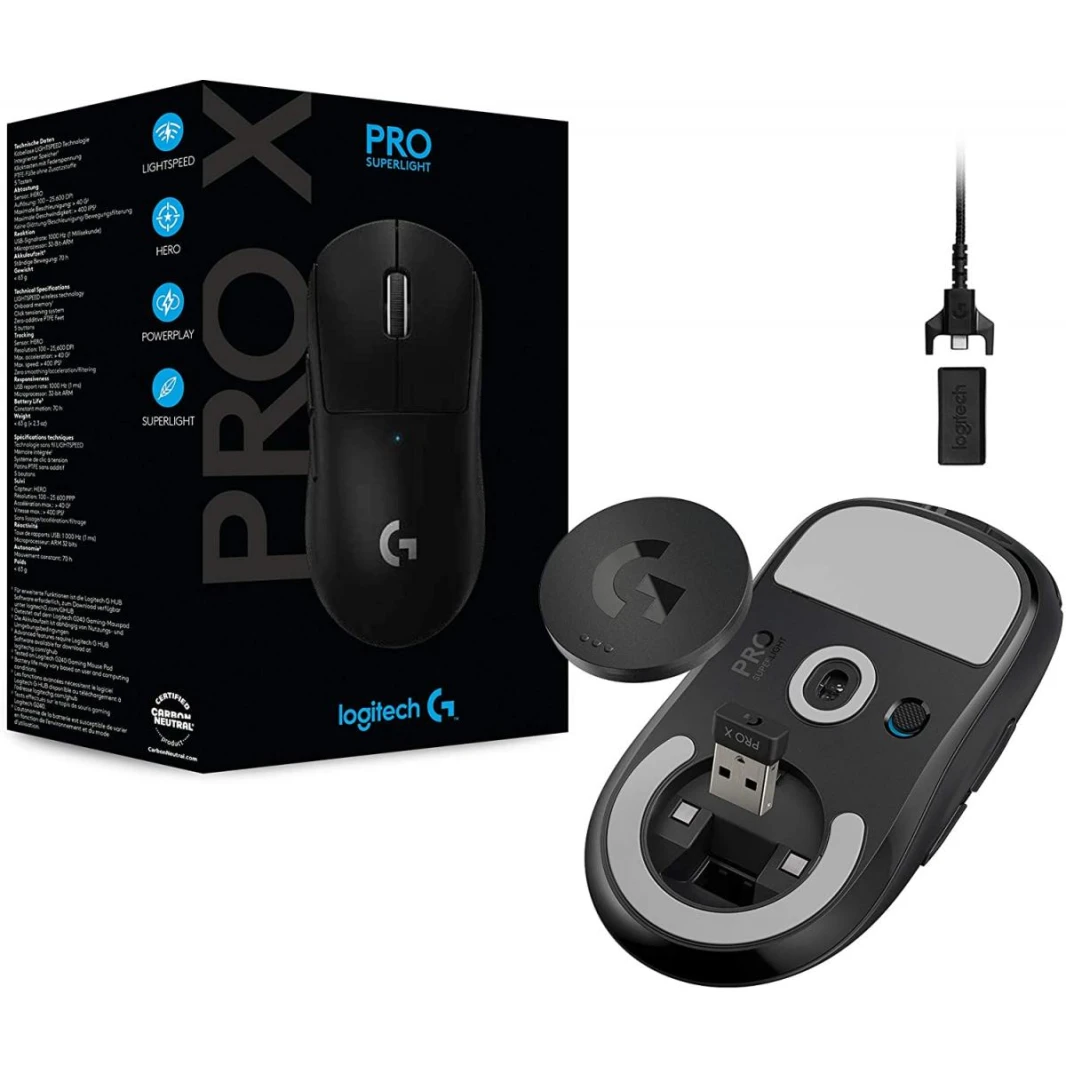 Logitech G PRO X SuperLight Wireless Gaming Mouse, HERO 25K Sensor, 25600 DPI,Long Battery Life, On-Board Memory, Built For Esport, PC / Mac - Black