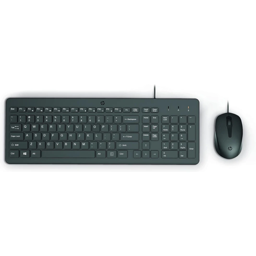 HP 150 Wired Mouse and Keyboard Combo - Full-Sized, Low-Profile Keyboard with Numeric Keypad - 1600 DPI Optical Sensor, Multi-Surface Wired Mouse - USB Plug-and-Play Connectivity (240J7AA, Black)