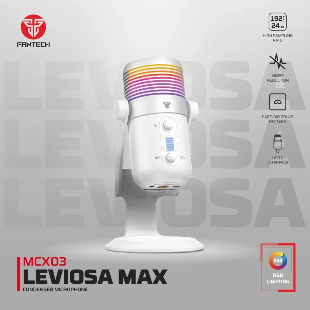 FANTECH LEVIOSA MCX03 Professional Condenser RGB STREAMING USB Microphone Cardioid Polar Pattern w/ One Touch To Mute Button & Noise Redduction Button