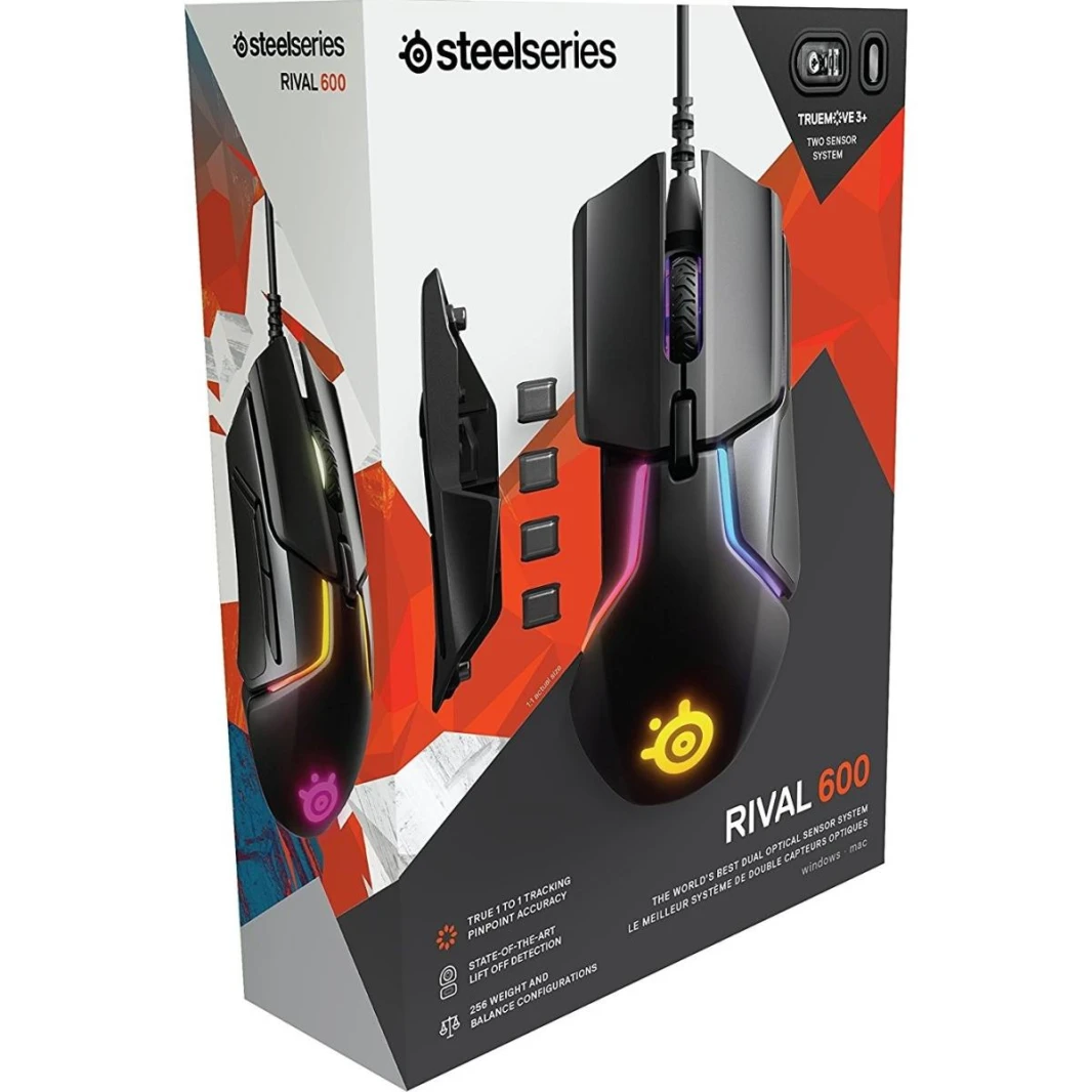 SteelSeries Rival 600 TrueMove3+ Optical Sensor, Precision Esports Wired RGB Gaming Mouse w/ Dual Sensor 12000 CPI, Customizable Weight Up To 128 g