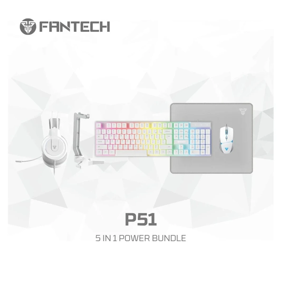 FANTECH P51 Power Bundle 5 IN 1 Gaming Set Combo Black Wired (Keyboard + Mouse + Headset + Mouse Pad+ Headset Stand) - White