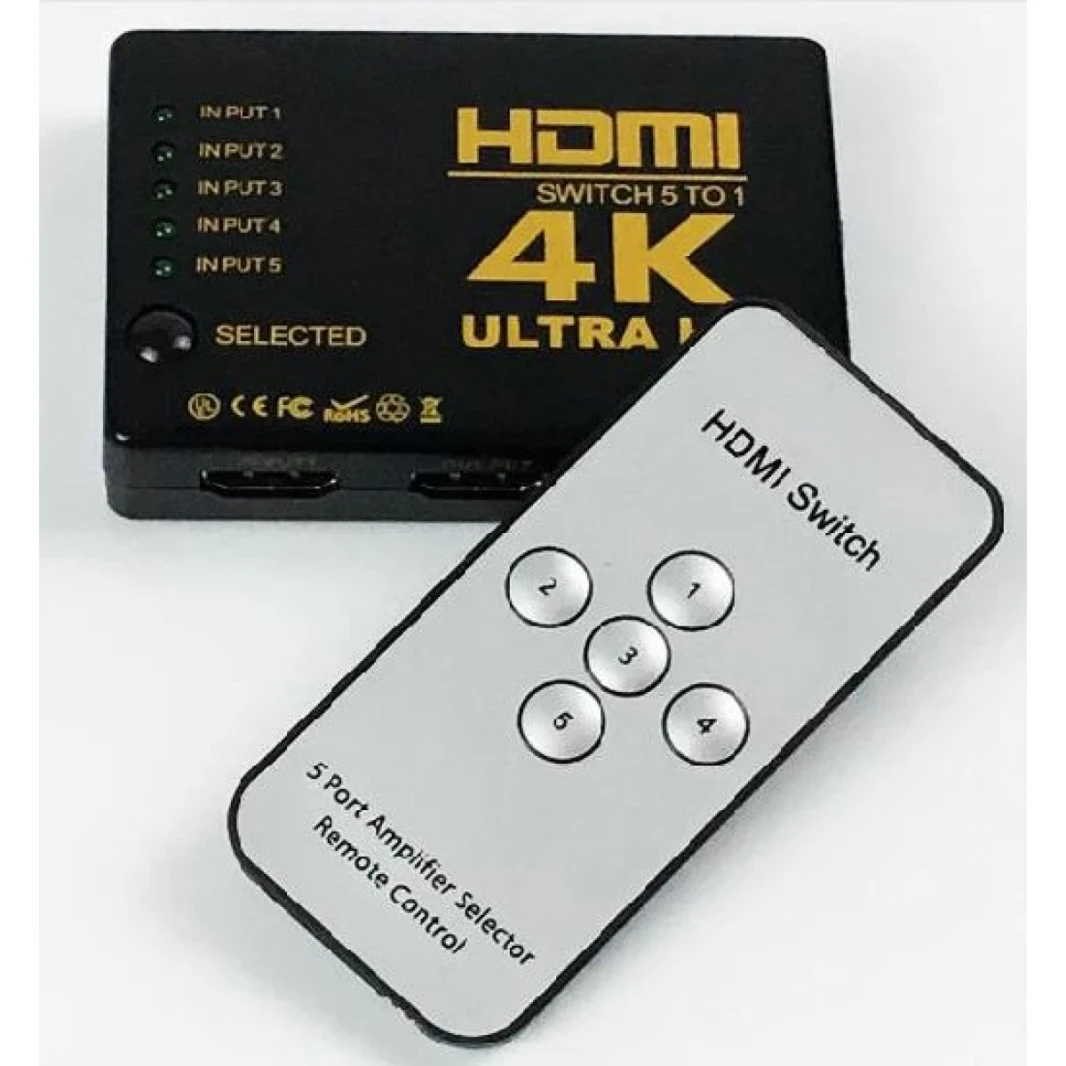 HDMI Switch 4K, 5-Port HDMI Switcher, Splitter, Supports 4K, Full HD1080p, 3D with IR Remote