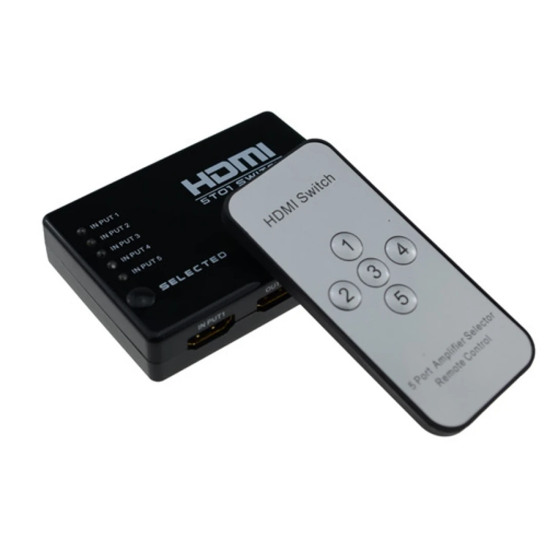 محول HDMI 1408A مزود بـ 5 منافذ بدقة 1080 بكسل ومحول ومقسم ومحدد + جهاز تحكم عن بعد بالأشعة تحت الحمراء لجهاز بث الوسائط عالي الدقة PS3 (أسود)