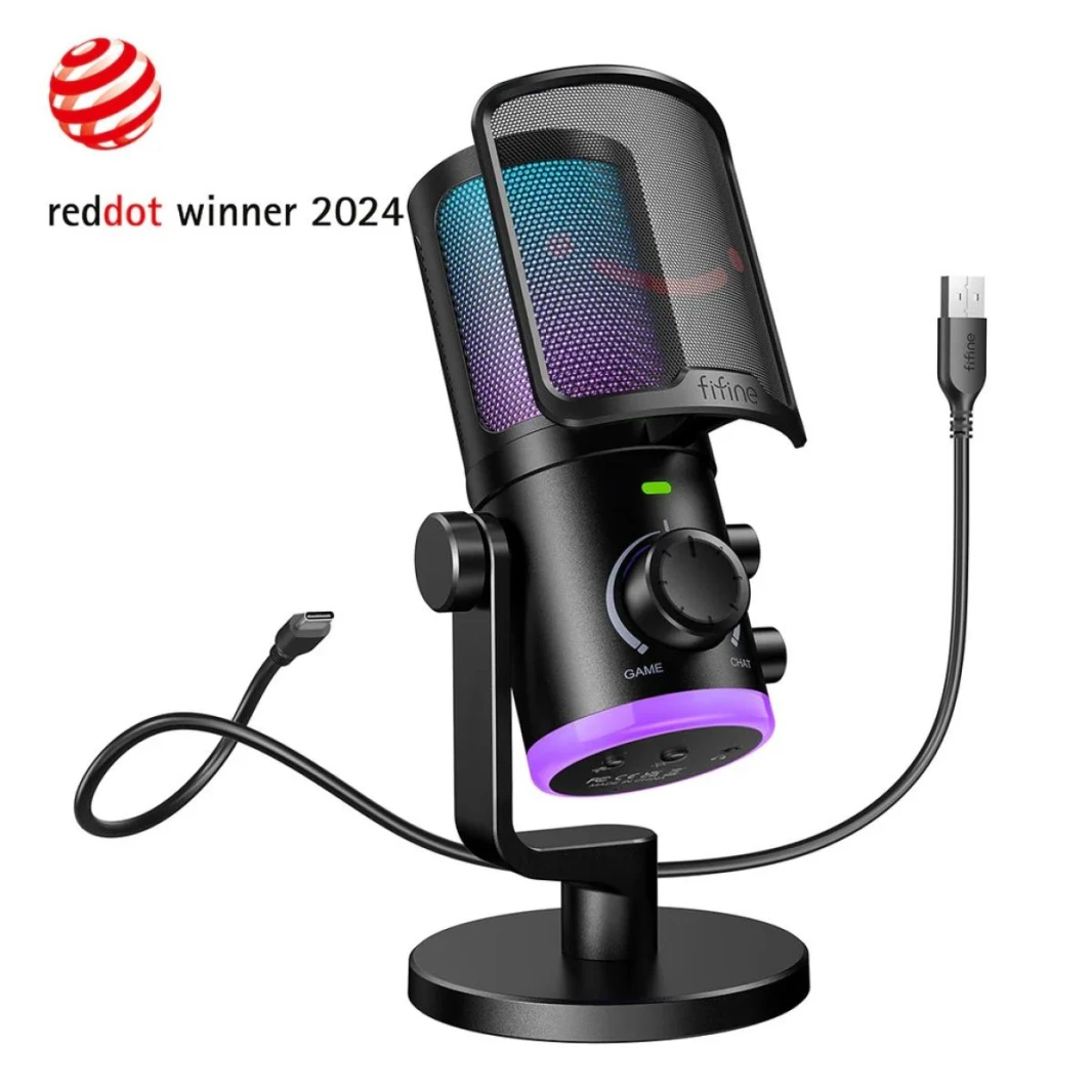 Fifine Ampligame AM6 Condenser Mic With Game/chat Mix, Noise Suppression, Monitoring, I/o Level & Rgb Controls