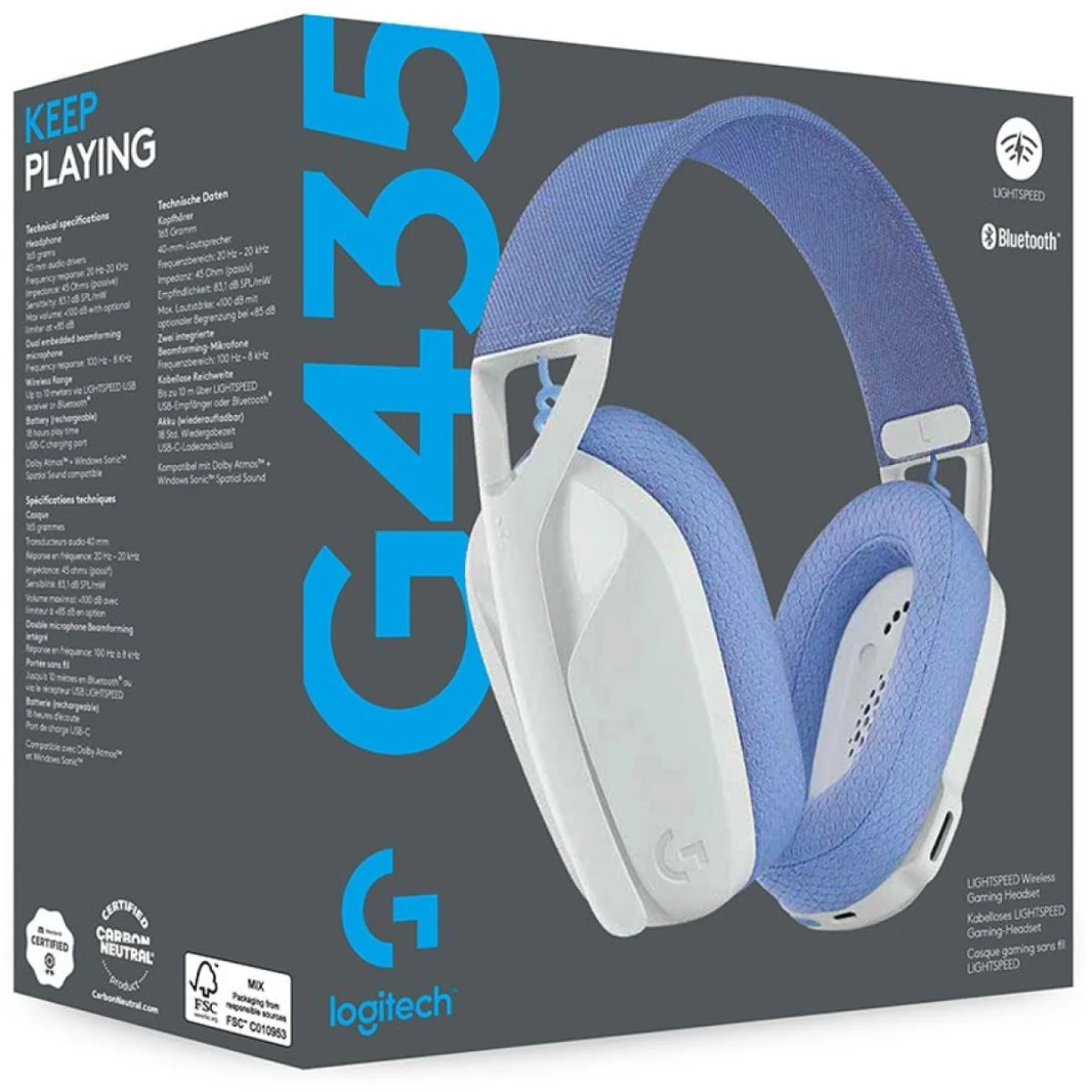 سماعة ألعاب Logitech G435 LIGHTSPEED اللاسلكية (باللون الأبيض) ذات الوضع المزدوج (2.4 جيجا هرتز وبلوتوث)، Dolby Atmos، خفيفة الوزن، شحن USB-C، حتى 18 ساعة، دعم منصات متعددة