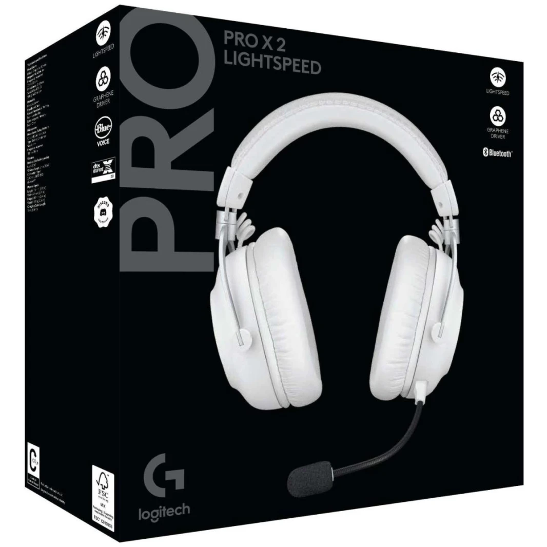 سماعة ألعاب Logitech G PRO X 2 Lightspeed اللاسلكية (البيضاء) 7.1 Surround، وضع ثلاثي (بلوتوث/2.4 جيجا هرتز/3.5 مم) ميكروفون قابل للفصل، مشغلات جرافين 50 مم، سماعة رأس DTS:X 2.0، بطارية تصل إلى 50 ساع