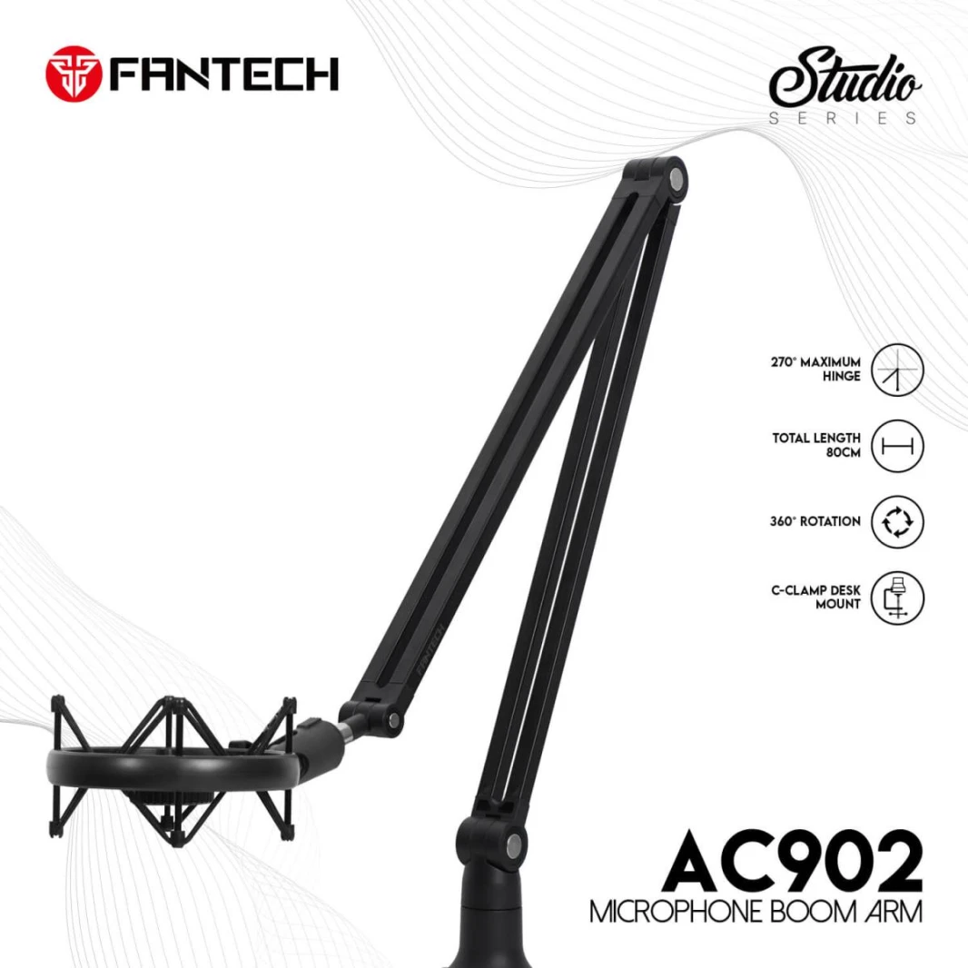 حامل ميكروفون قابل للتعديل من FANTECH AC902S، دوران 360 درجة، الطول الإجمالي 80 سم، مشبك C للتثبيت على المكتب، أنبوب فولاذي، وزن يصل إلى 1 كجم