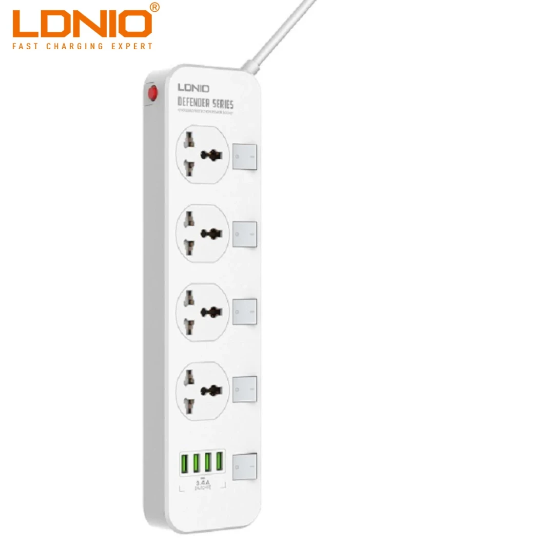 سلسلة LDNIO SC4408 DEFENDER - 4 مقابس طاقة و4 منافذ USB 3.4A 2500 وات بطول 2 متر