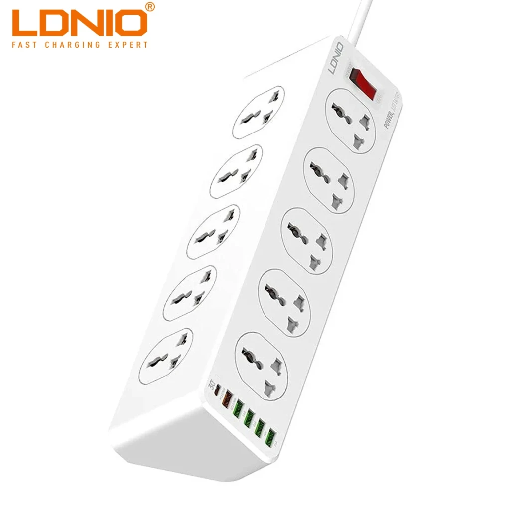 شاحن منزلي LDNIO SC10610 2500 وات عالمي 10 مقابس + 4 منافذ USB + منفذ PD من النوع C + منفذ QC3.0 لسطح المكتب مع سلك بطول 2 متر - أبيض