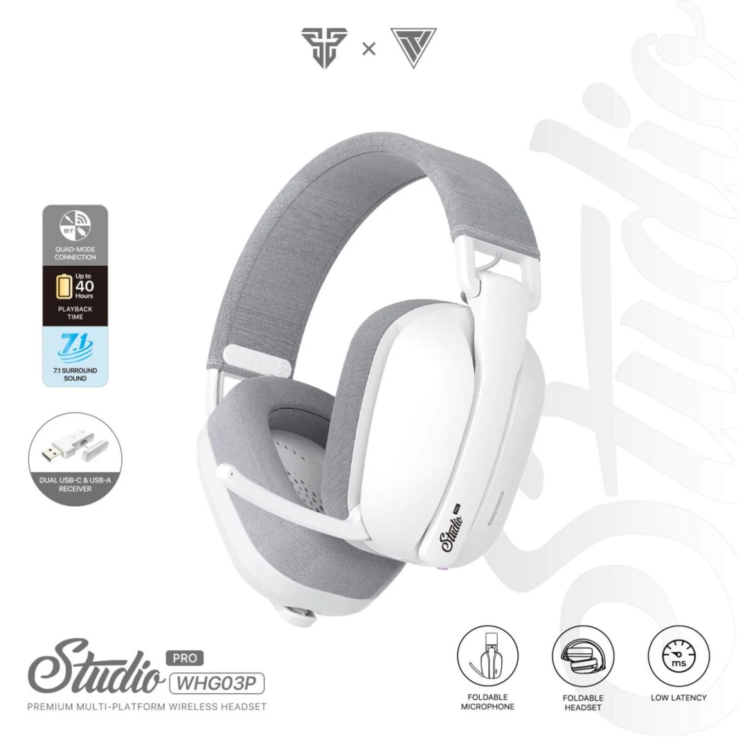 Fantech Studio Pro WHG03 7.1 Surround Sound (White) Wireless & Wired Gaming Headset Quad-Mode Connection (BT, Low Latency 2.4GHz, 3.5mm, USB 7.1) Up To 40 Hours Battery For PC, MacOS, XBOX, PS, iOS, A