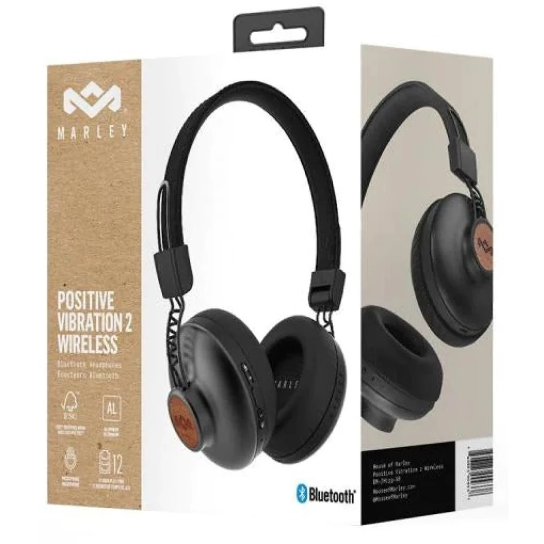 House of Marley Positive Vibration 2 Wireless On-ear Headphones w/ Microphone, Bluetooth Connectivity, Ultra-Comfortable & Foldable Design Up To 12 Hours of Playtime, Compatible with IOS and Android (