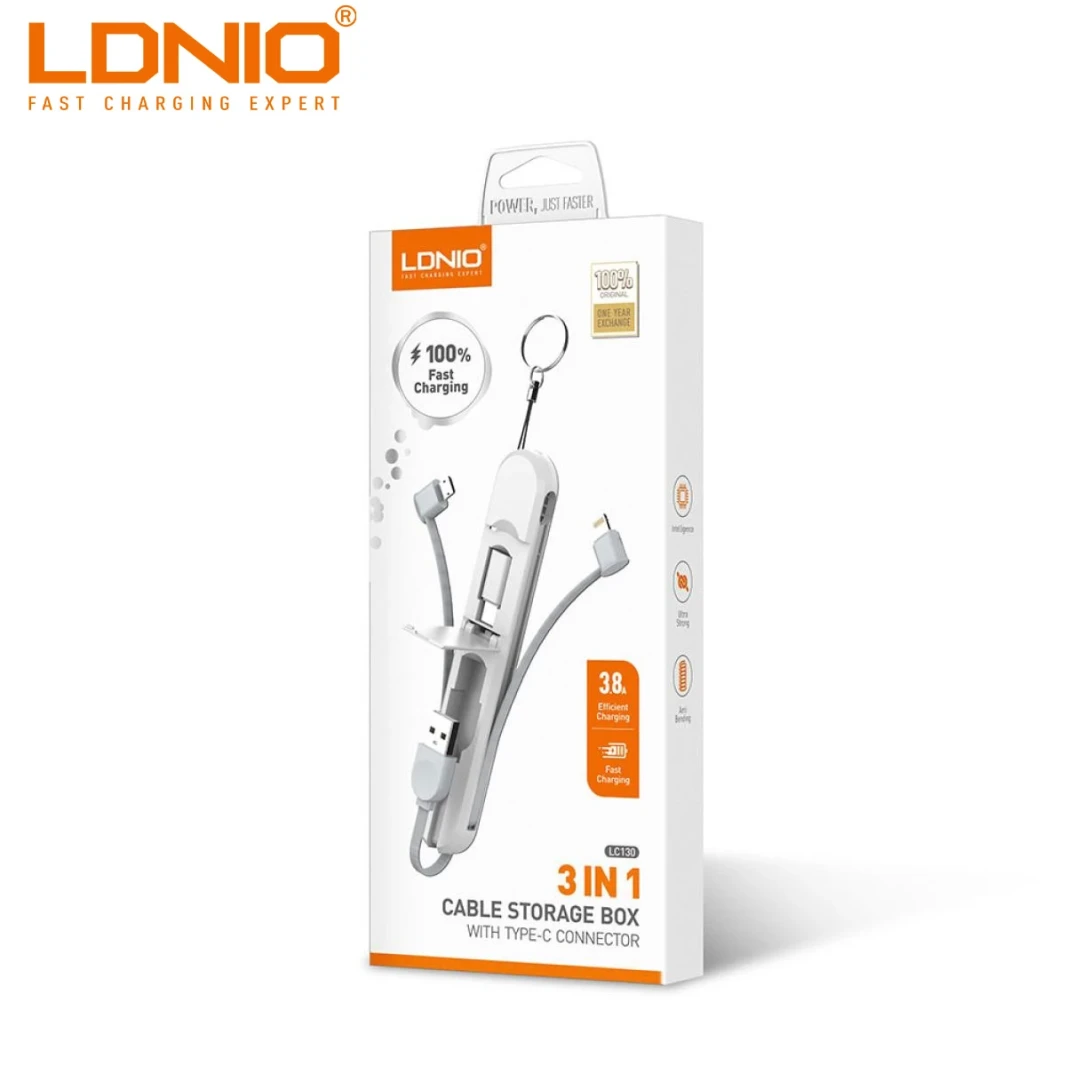 LDNIO Cable LC130 3in1 3.8A Fast Charging Micro Usb/Type-C/Iphone Android Quick Charger USB Cable Cable Storage Box