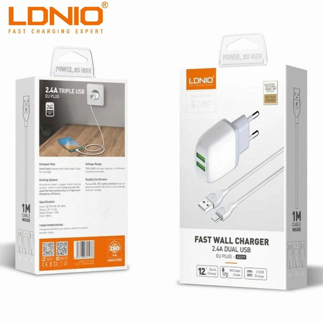 LDNIO A2219 FAST WALL CHARGER 2.4A DUAL USB EU PLUG IPHONE