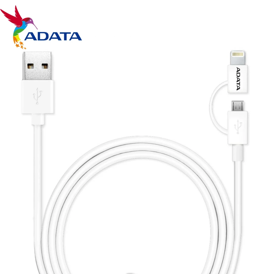 كابل لايتنينج ومايكرو يو إس بي 2 في 1 معتمد من ADATA MFI لأجهزة iPhone وiPad وAndroid، أبيض