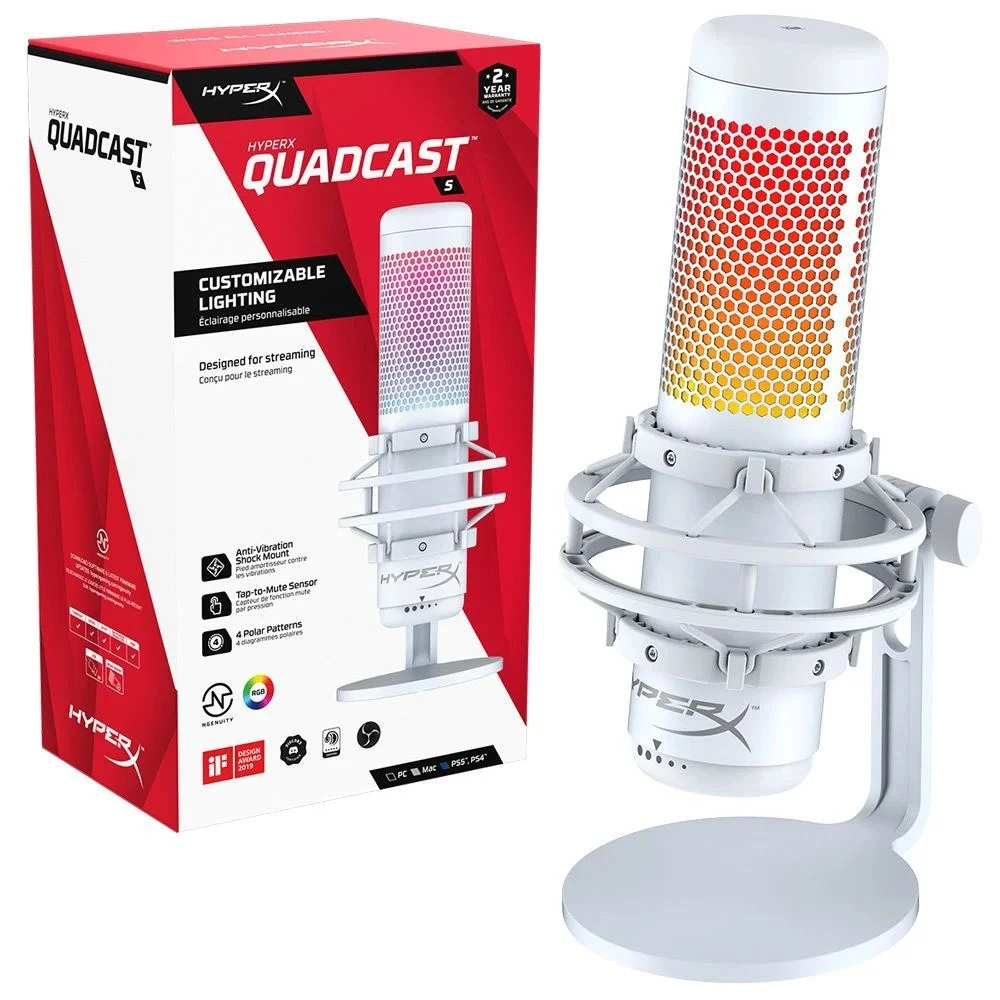 ميكروفون مكثف USB HP HyperX QuadCast S RGB لأجهزة الكمبيوتر الشخصية وPS4 وPS5 وMac - أبيض