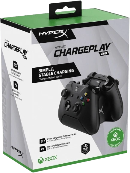 HyperX ChargePlay Duo – محطة شحن لوحدات التحكم اللاسلكية Xbox Series X|S و Xbox One، تتضمن بطاريتين قابلتين لإعادة الشحن بسعة 1400 مللي أمبير في الساعة وأبواب بطارية إضافية
