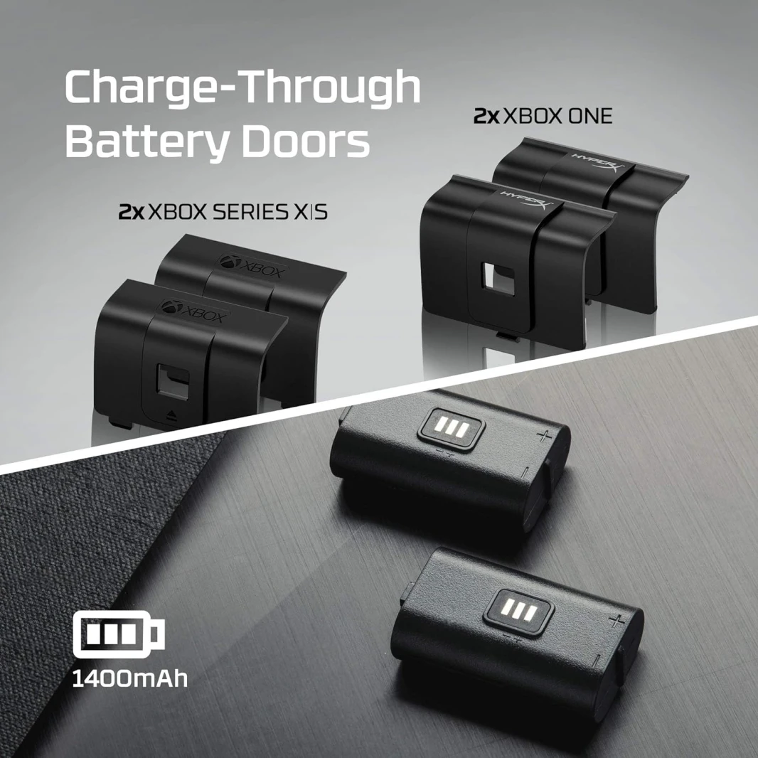 HyperX ChargePlay Duo – محطة شحن لوحدات التحكم اللاسلكية Xbox Series X|S و Xbox One، تتضمن بطاريتين قابلتين لإعادة الشحن بسعة 1400 مللي أمبير في الساعة وأبواب بطارية إضافية