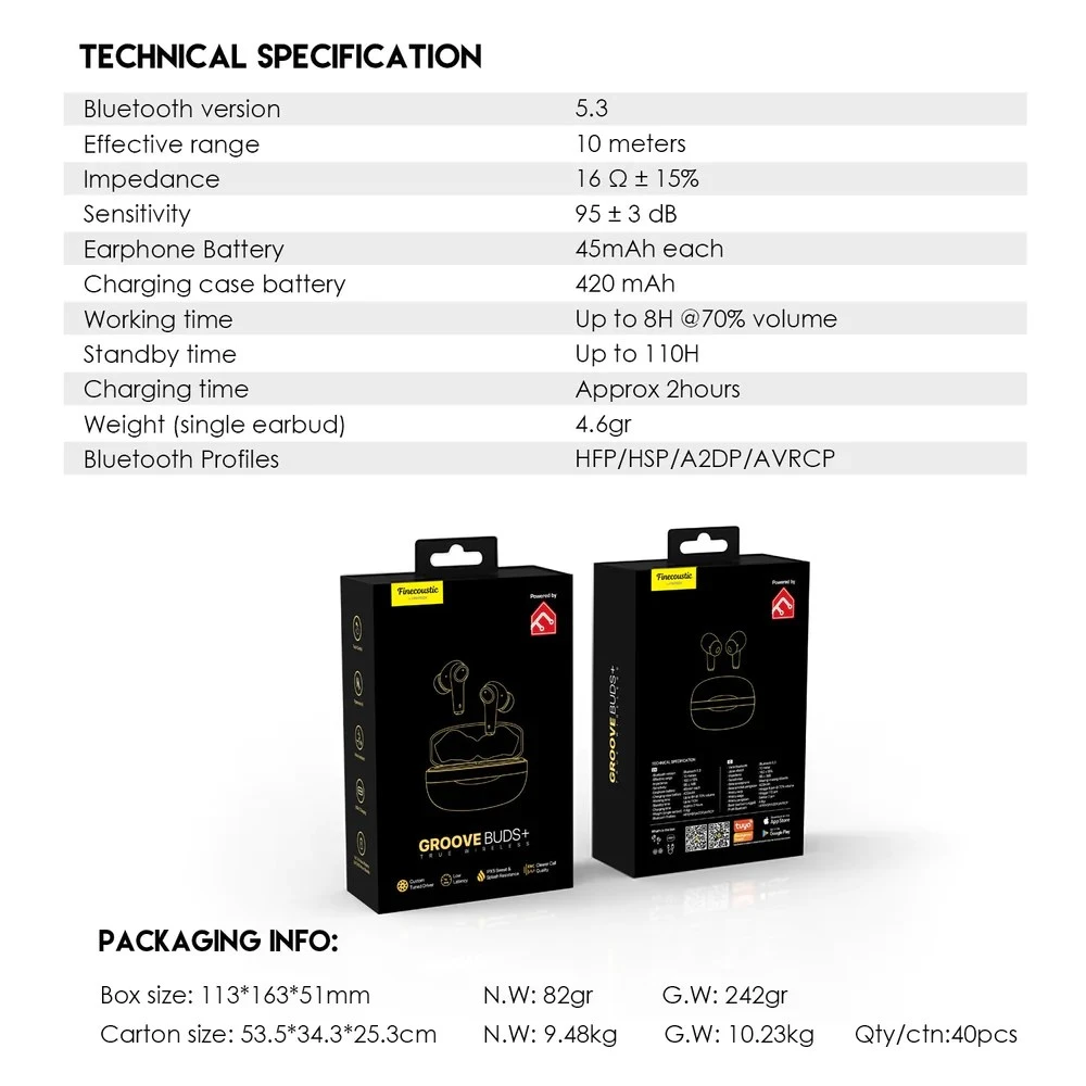 سماعات Fantech TWS اللاسلكية بتقنية البلوتوث GROOVE BUDS+ TX2 مع ميكروفون مدمج - أسود