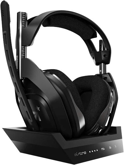 سماعة رأس لاسلكية ASTRO Gaming A50 + قاعدة قاعدة من الجيل الرابع - متوافقة مع PS5 وPS4 والكمبيوتر الشخصي وMac - أسود/فضي