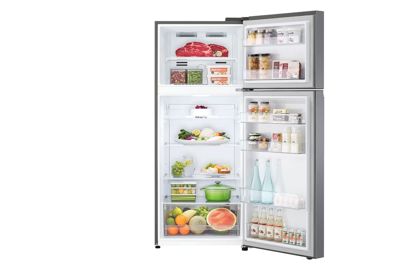 ثلاجة بفريزر علوي بسعة إجمالية 493 لتر، ضاغط عاكس، تقنية Door Cooling+™، لون فضي
