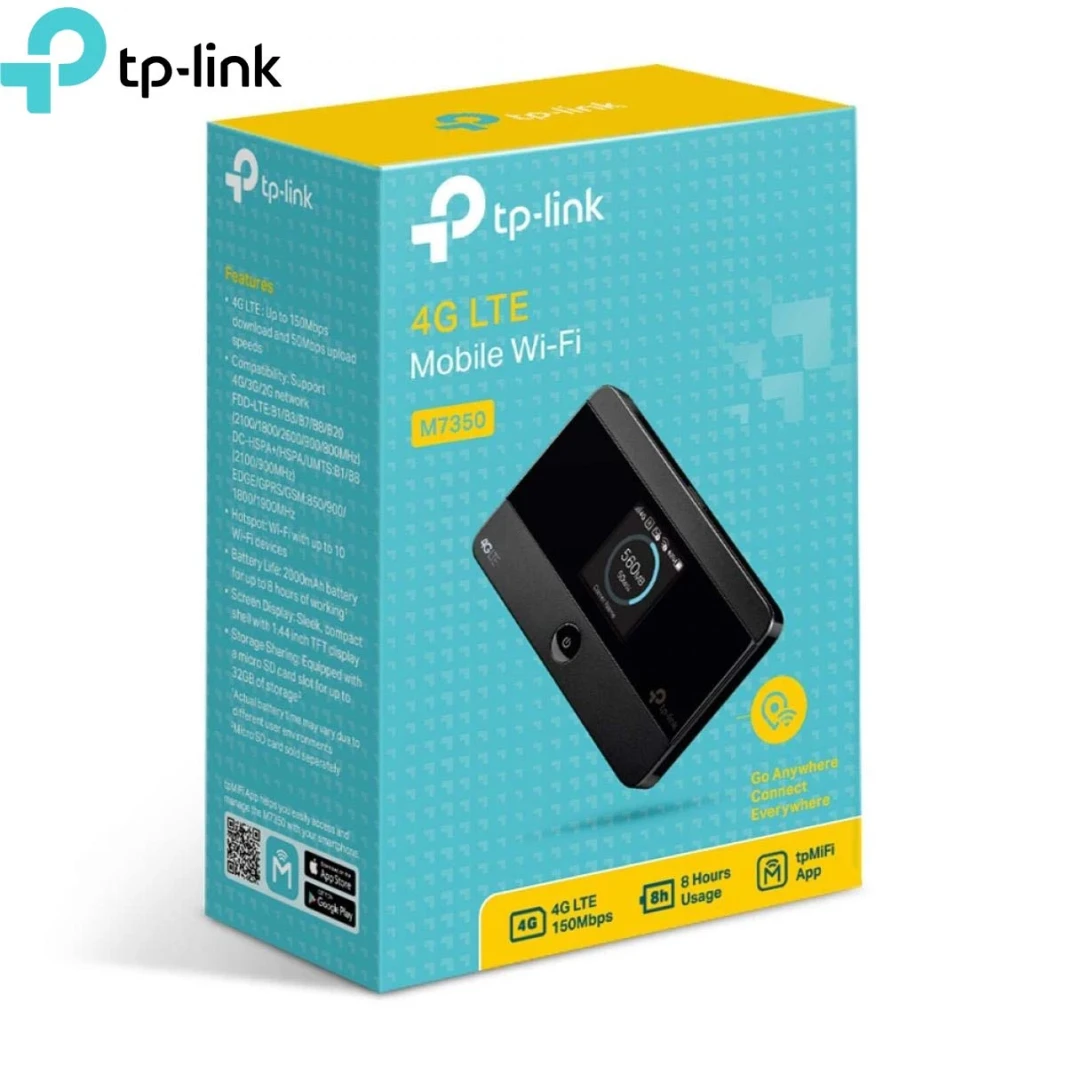 جهاز TP LINK MOBILE WI-FI M7350 4G LITE بسرعة 150 ميجابت في الثانية ومدة استخدام 8 ساعات مع تطبيق TPMIFI ومحول بطاقة SIM من النوع MICRO وNANO إلى النوع القياسي وشاشة عرض