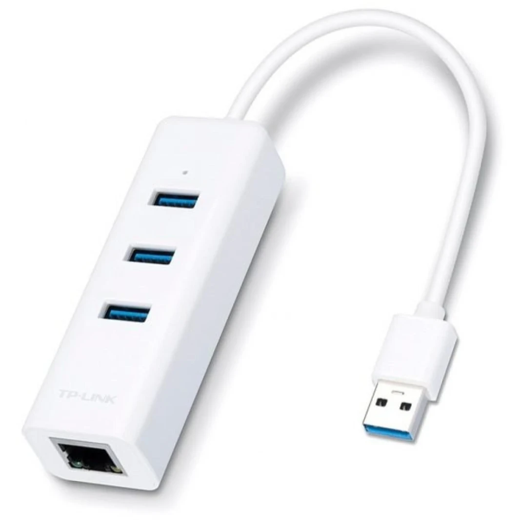 محول شبكة USB 3.0 إلى Gigabit Ethernet NIC مع موزع 3 منافذ - أبيض