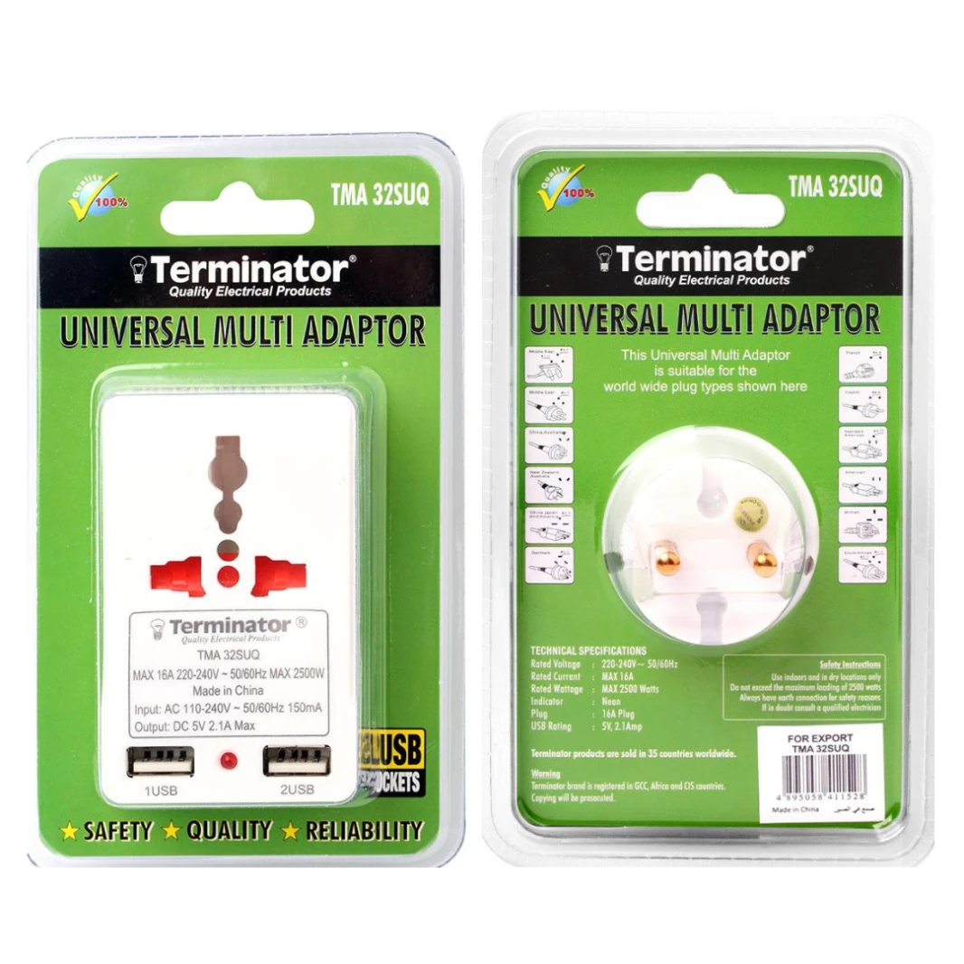 TERMINATOR 3 WAY UNIVERSAL MA 3 PIN & 2 PIN WITH USB PORT SCHUKO PLUG