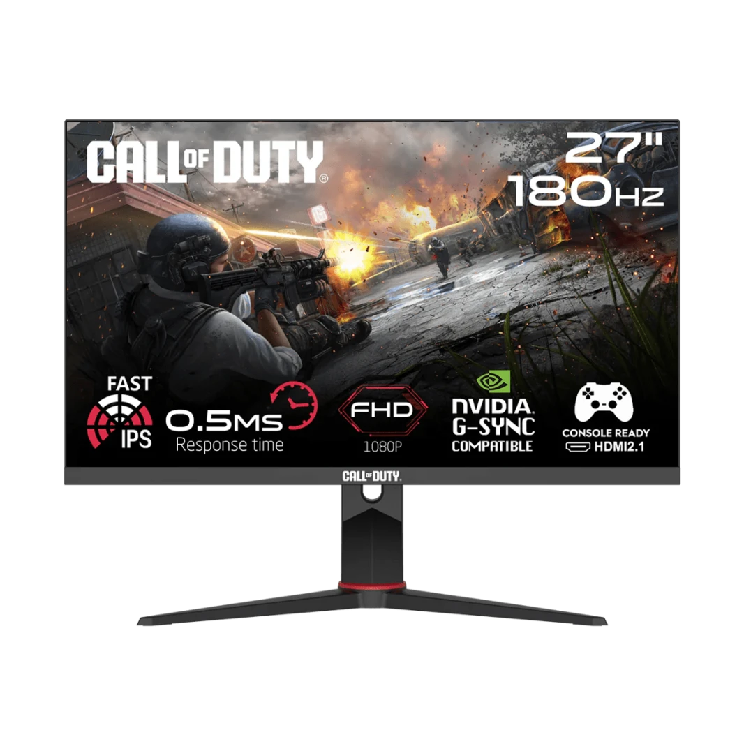 شاشة ألعاب COD27FHD180IPS مقاس 27 بوصة مرخصة رسميًا من Call Of Duty - شاشة ألعاب FHD 1080P بمعدل تحديث 180 هرتز ووقت استجابة 0.5 مللي ثانية - شاشة ألعاب IPS عريضة بنسبة عرض إلى ارتفاع 16:9 مع حامل قاب