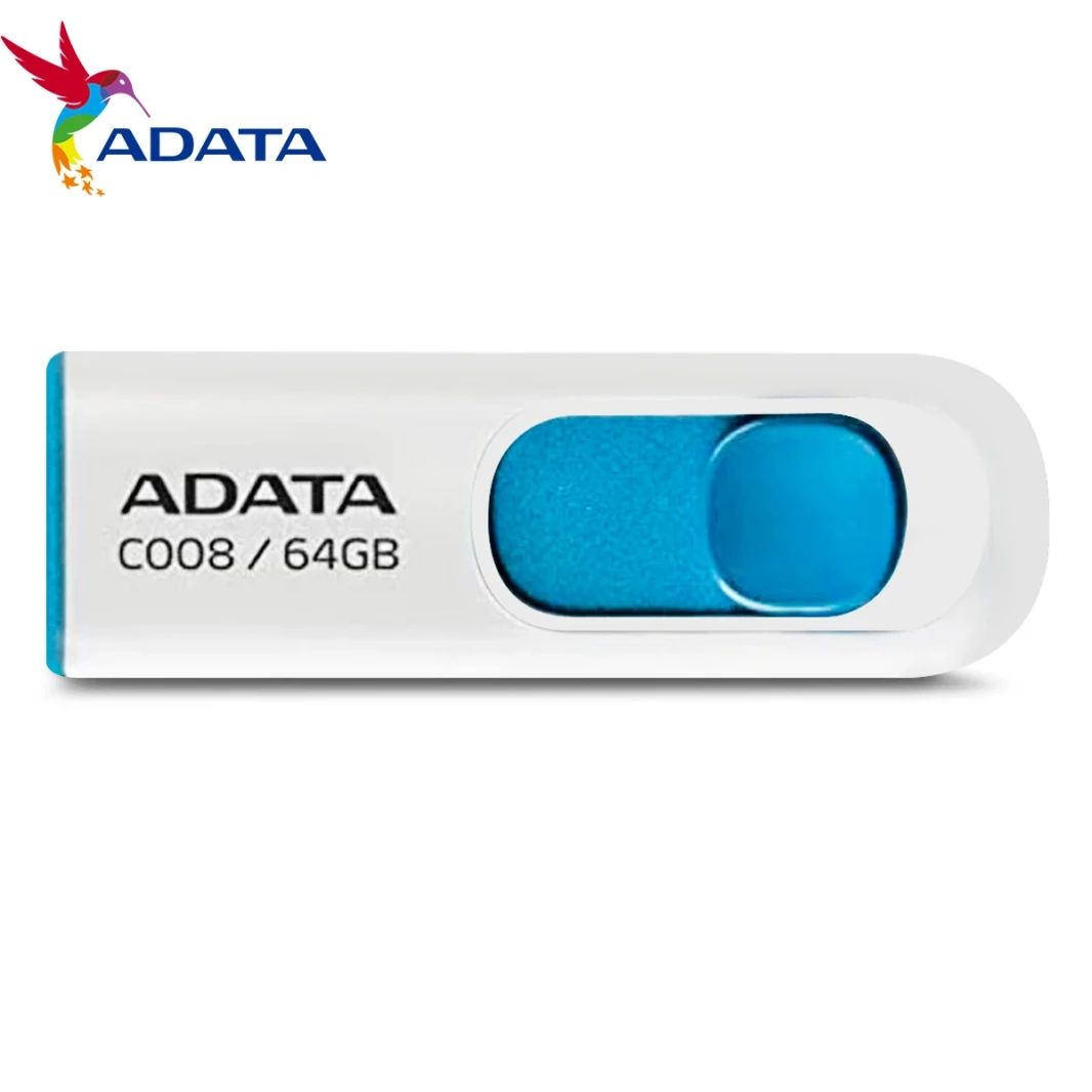 محرك أقراص فلاش ADATA C008 USB 2.0 قابل للسحب بدون غطاء، سعة 64 جيجابايت، أبيض وأزرق