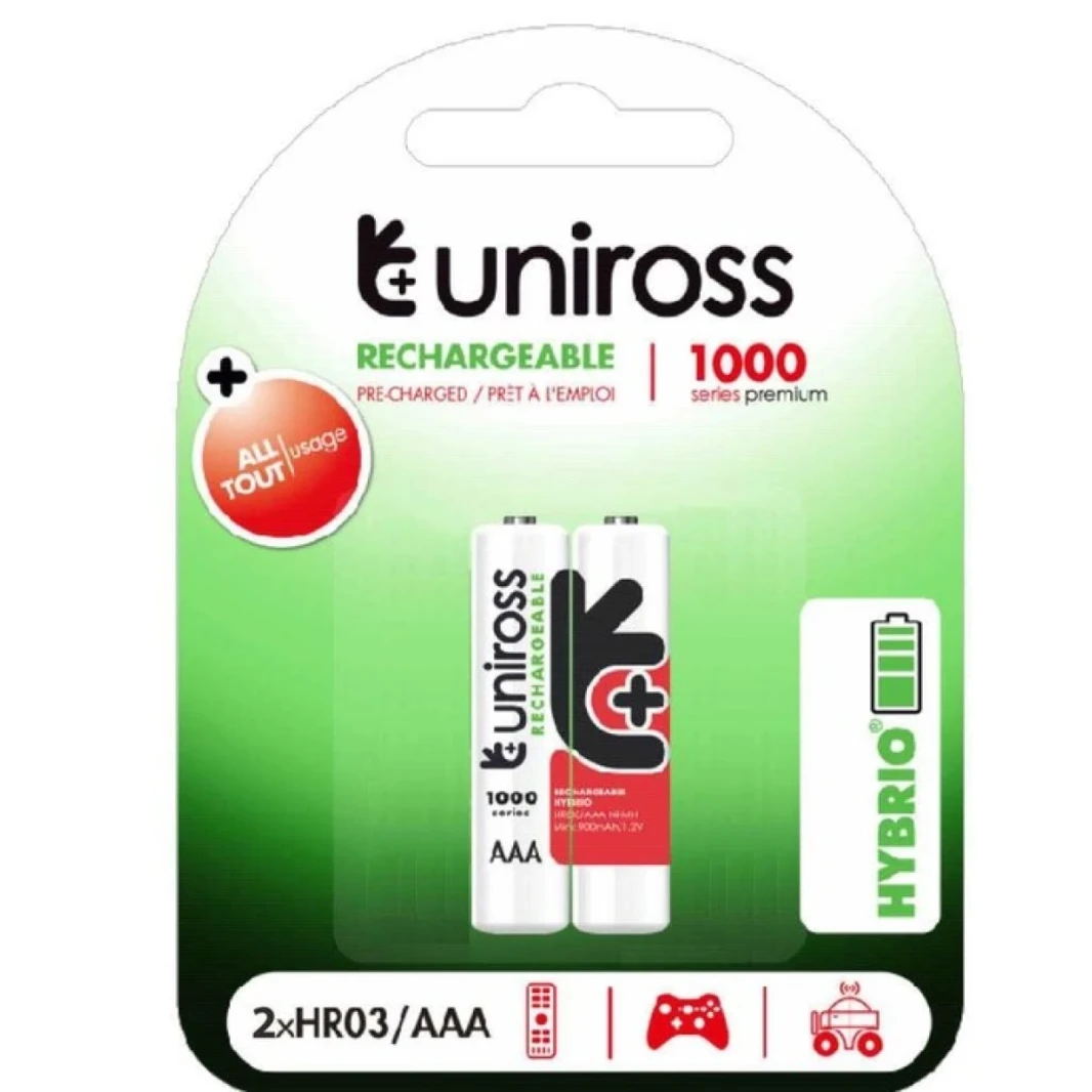 مجموعة من 2 بطارية قابلة لإعادة الشحن من نوع Uniross Hybrio AAA بسعة 1000 مللي أمبير في الساعة من نوع NiMH